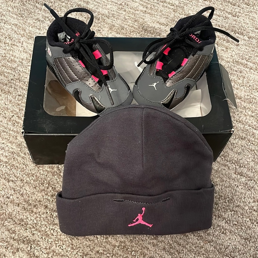 Baby Jordan’s with matching hat. Pink, black, and grey